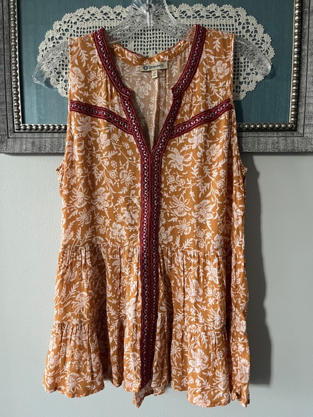 Democracy Mustard Floral Top with Red Trim Accents